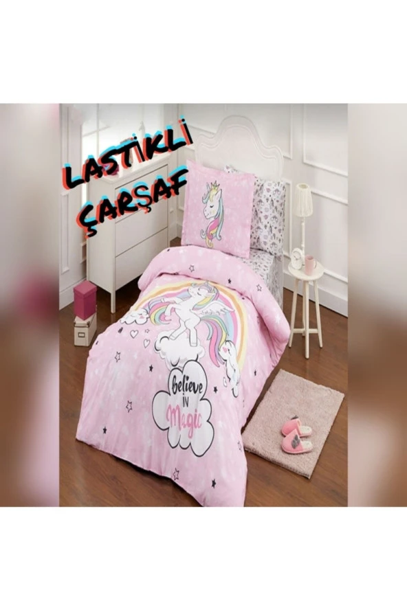 Özdilek Tek Kişilik ( Çarşafı Lastikli ) Nevresim Takımı Unicorn Pembe