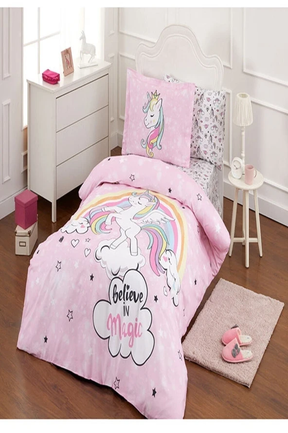 Özdilek Unicorn Pembe Tek Kişilik Çarşafı Lastikli Pike Takımı