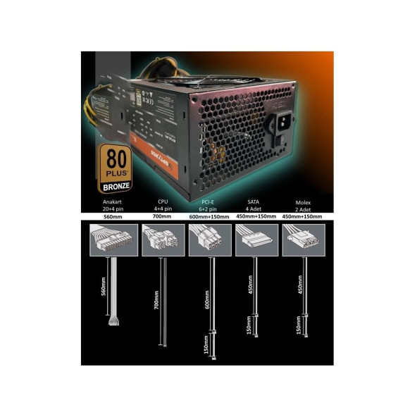 Sprange PS500-80P 500W 80 Plus Bronze Gamer 12CM Geniş Fan Power Supply - 2