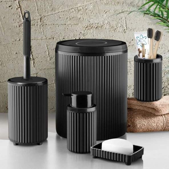 Çöp Kovası Tuvalet Fırçası Sıvı Sabunluk Diş Fırçalık 5 Parça Banyo Seti 5 Litre Siyah 3375