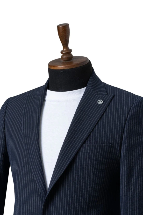 Lacivert Çizgili Likralı Slim Fit Takım Elbise - 2