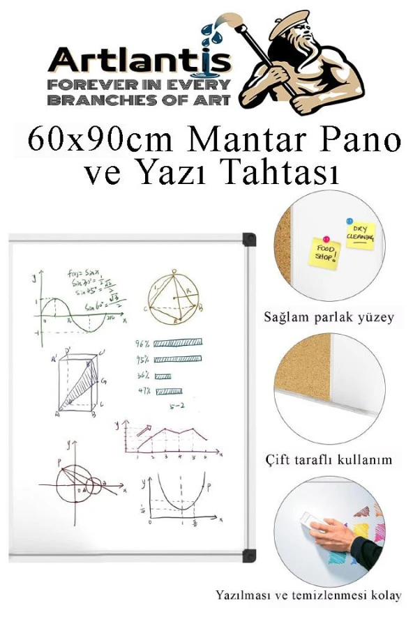 Çift Fonksiyonlu Yazı Tahtası ve Mantar Pano 60x90 cm 1 Adet Alüminyum Çerçeveli Mantar Panolu Yazı Tahtası - 4