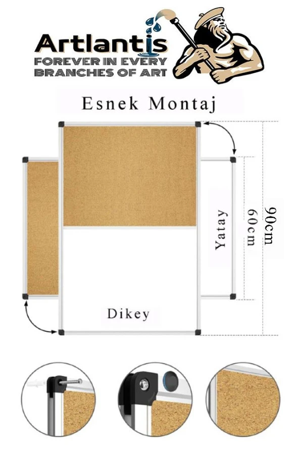 Çift Fonksiyonlu Yazı Tahtası ve Mantar Pano 60x90 cm 1 Adet Alüminyum Çerçeveli Yazı Tahta Kalemi ve Silgisi Harita Çivisi - 3