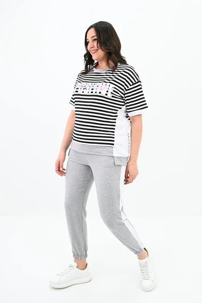 Kadın Büyük Beden Çizgili Eşofman Takımı 8106-24 - 11