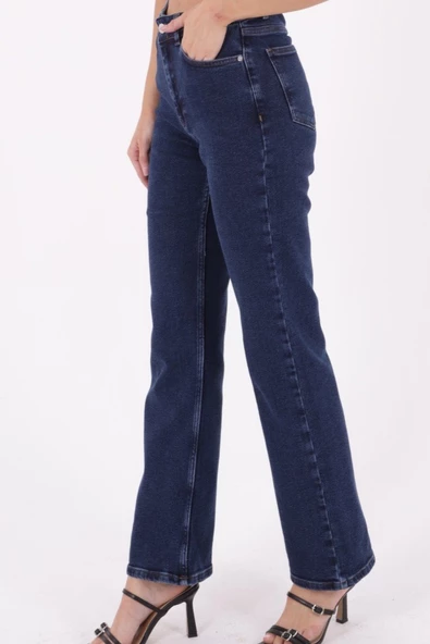 Yüksek Belli ve Cepli Astarsız Bol Paçalı Kadın Kot Pantolon Düz Koyu Rins Mavi Dört Mevsim - 4