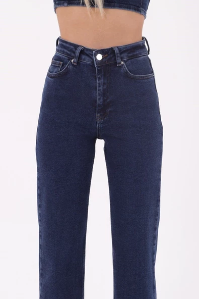 Yüksek Belli ve Cepli Astarsız Bol Paçalı Kadın Kot Pantolon Düz Koyu Rins Mavi Dört Mevsim - 5