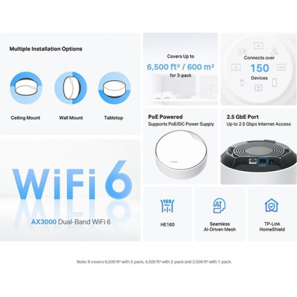 TP-Link Deco X50-POE 3000 Mbps 3'lü Router Poe Destekli Tüm Ev Mesh Wifi 6 Sistemi - 3
