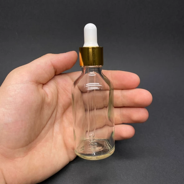50Ml Şeffaf Cam Damlalıklı Şişe , Gold Metalik Kapak  ,  50 Cc Saydam Cam Damlalıklı Şişe x 6 Adet ürün görseli