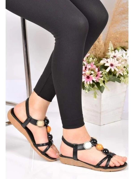 GUJA 22Y150-9 ORTOPEDİK DÜZ TABAN TAŞLI ETNİK KADIN SANDALET - 10