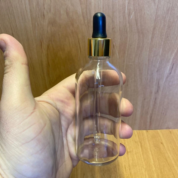100Ml Şeffaf Cam Damlalıklı Şişe , Gold Metalik Kapak  ,  100 Cc Saydam Cam Damlalıklı Şişe x 6 Adet