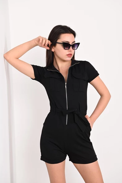 Kemerli Fermuarlı Kısa Kollu Şortlu Tulum 9034 - 5