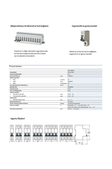 Siemens Siemens 5SL6110-7YA 1 Fazlı 10 Amper C Tipi (Yavaş Karakterli) 6kA Otomatik Sigorta - 7