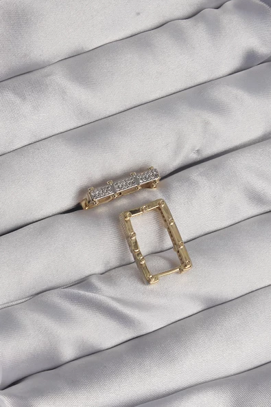 Pirinç Gold Renk Zirkon Taşlı Dikdörtgen Model Seranay Küpe - TJ-BKP9117 - Resim 2