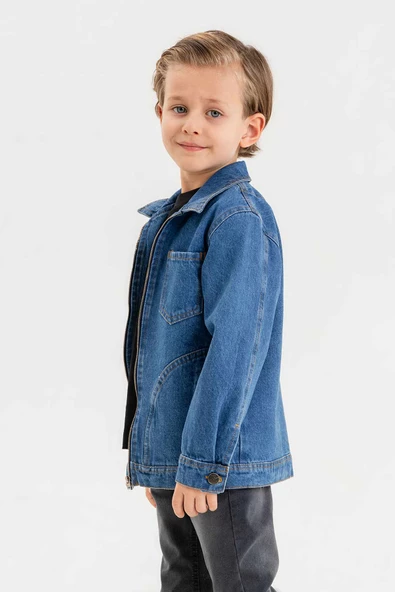 Fermuarlı Çift Cepli Tek Göğüs Cepli Erkek Çocuk Kot Ceket - 7