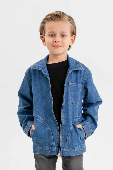 Fermuarlı Çift Cepli Tek Göğüs Cepli Erkek Çocuk Kot Ceket - 5