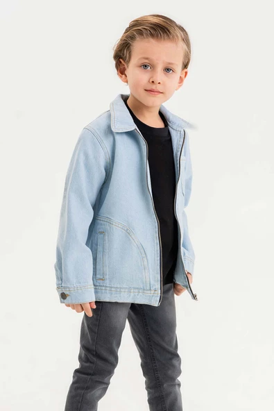 Fermuarlı Çift Cepli Tek Göğüs Cepli Erkek Çocuk Kot Ceket - 10