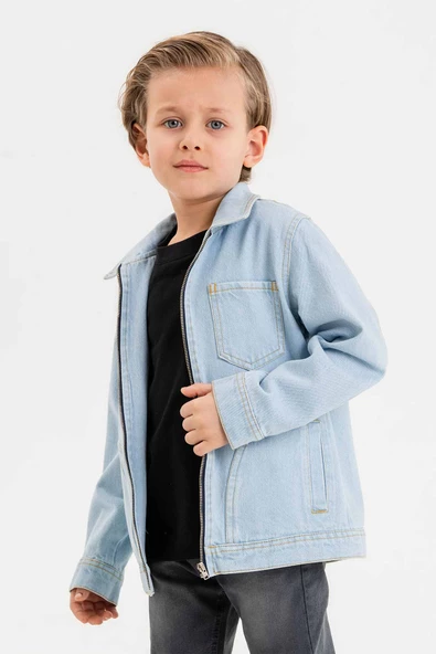 Fermuarlı Çift Cepli Tek Göğüs Cepli Erkek Çocuk Kot Ceket - 9