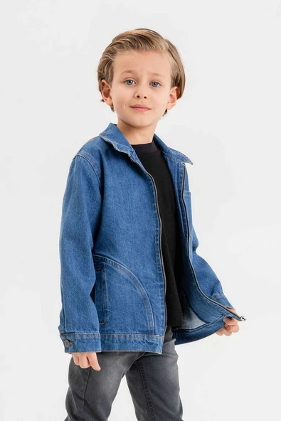 Fermuarlı Çift Cepli Tek Göğüs Cepli Erkek Çocuk Kot Ceket - 6