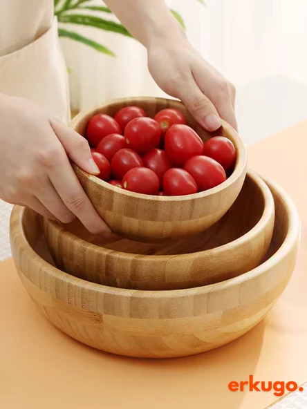 Bambu 3 lü Salata Kasesi, Sunum Kasesi, Dekoratif Kase, İskandinav Kase - 2