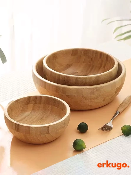 Bambu 3 lü Salata Kasesi, Sunum Kasesi, Dekoratif Kase, İskandinav Kase - 4