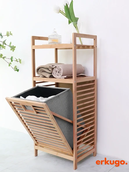 Bambu 2 Raflı Kirli Sepeti,  Çok Amaçlı Banyo Düzenleyici, Çamaşır Sepeti Organizer, Raf - 8