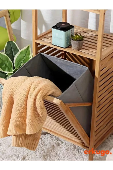 Bambu 2 Raflı Kirli Sepeti,  Çok Amaçlı Banyo Düzenleyici, Çamaşır Sepeti Organizer, Raf - 5