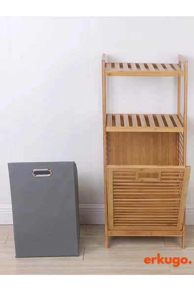 Bambu 2 Raflı Kirli Sepeti,  Çok Amaçlı Banyo Düzenleyici, Çamaşır Sepeti Organizer, Raf - 3