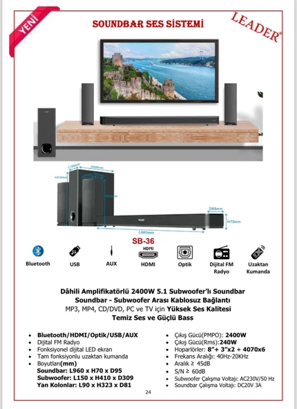 Leader SB36 5.1 Soundbar Ses Sistemi(Bluetooth-USB-HDMI-Optik-FM) - 2