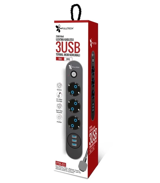 pilelistore 3 Priz 3XUSB 2Mt Kablo Anahtarlı 10A Akım Korumalı Priz TGFTR01