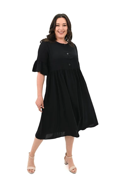 Kadın Büyük Beden Düğme Detaylı Elbise 5241-25 - 2