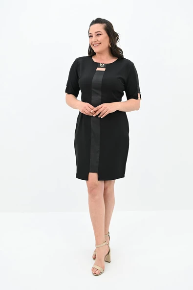 Kadın Büyük Beden Kısa Kollu Yaka Detaylı Elbise 5213-24 - 2