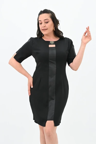 Kadın Büyük Beden Kısa Kollu Yaka Detaylı Elbise 5213-24 - 3