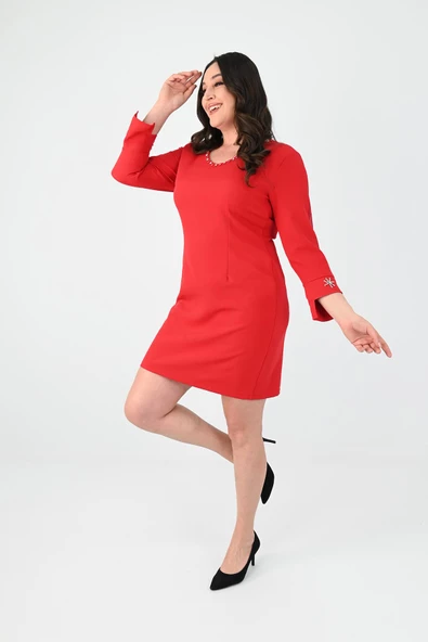 Kadın Büyük Beden Boncuk İşleme Detaylı Elbise 5201-25 - 7