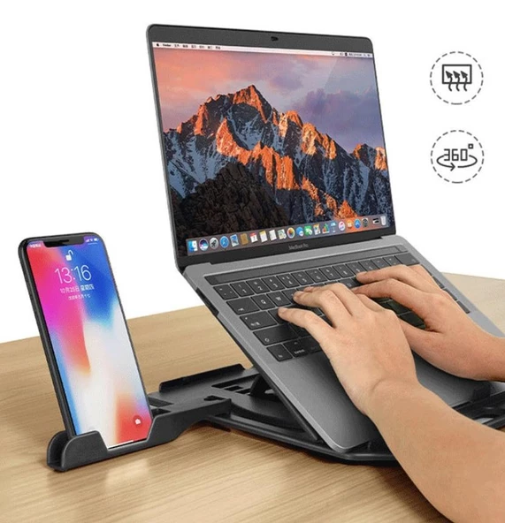 Polham Yükseklik Ayarlı Notebook ve Cep Telefonu Standı, Cep Telefon Tutuculu Laptop Standı - 5