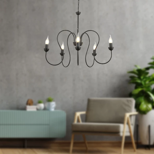 Apliqa Flor 5Li Siyah Modern Yatak Odası Mutfak Salon Avize