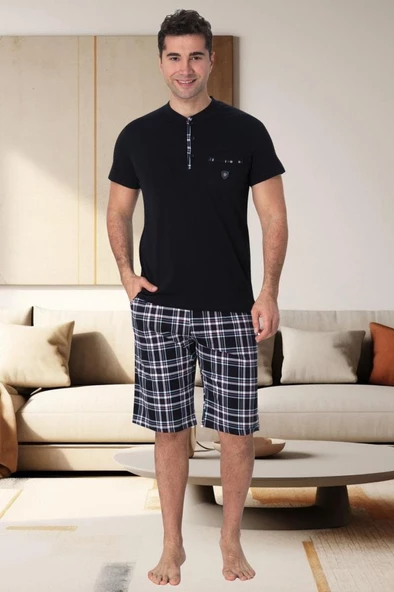 Mecit 2901 Lacivert Ekoseli Büyük Beden Erkek 3'lü Pijama Takımı - Resim 3