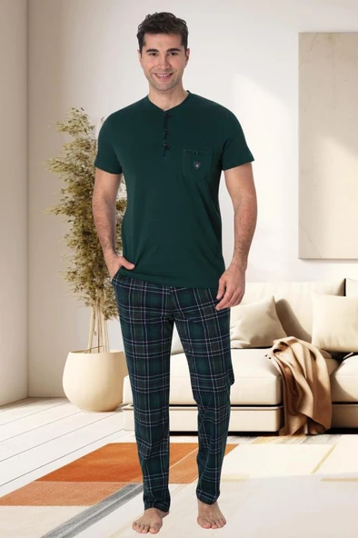 Mecit 2901 Yeşil Ekoseli Büyük Beden Erkek 3'lü Pijama Takımı - 2