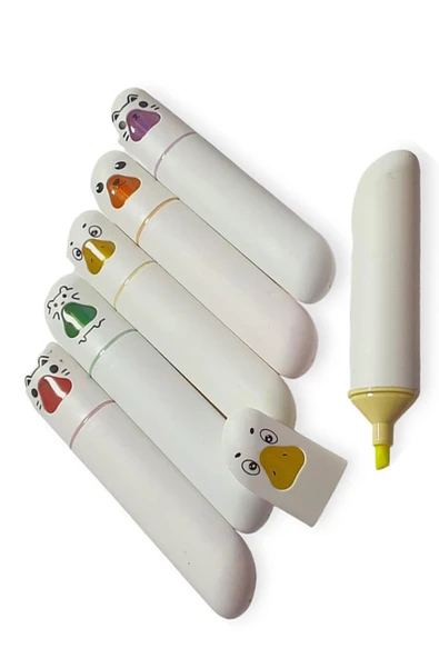 Yüz İfadeli 6 Renk Fosforlu Keçe Uçlu Kalem 1 Paket 6 lı İşaret Kalemi Fosforlu Kalem - 4