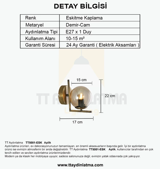 TT Aydınlatma TT5001-ESK  Eskitme Kaplama - Bal Camlı Tekli Aplik - 6