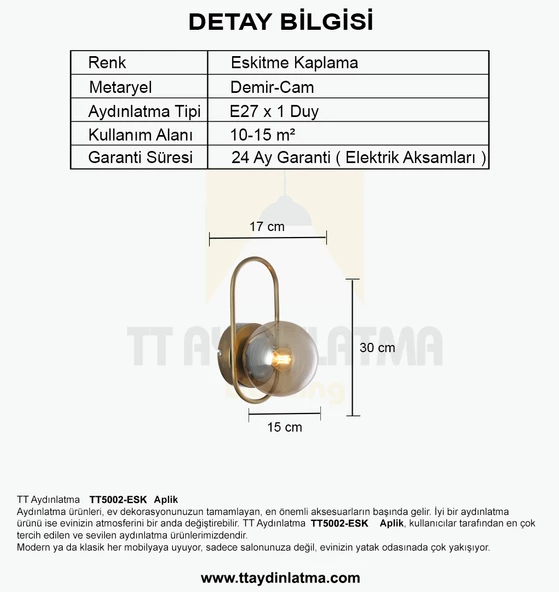 TT Aydınlatma TT5002-ESK  Eskitme Kaplama - Bal Camlı Tekli Aplik - 6