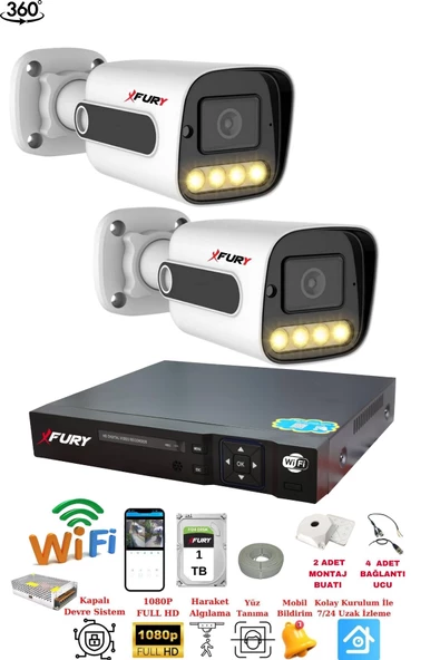 FURY 2 Kamera 1080P Görüntü Gece Renkli Full Hd 4xUltra Led Gece Renkli Güvenlik Kamera Seti 1TB