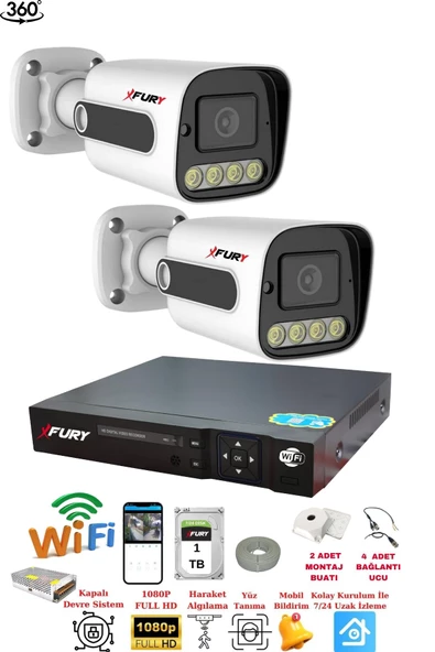 FURY 2 Kamera 1080P Görüntü Gece Renkli Full Hd 4xUltra Led Gece Renkli Güvenlik Kamera Seti 1TB - 2
