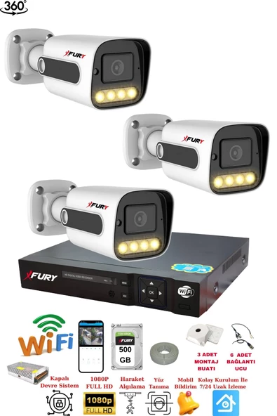 FURY 3 Kameralı Su Geçirmez 1080P 4 x Ultra Ledli Gece Renkli Güvenlik Kamera Seti 5500 500GB