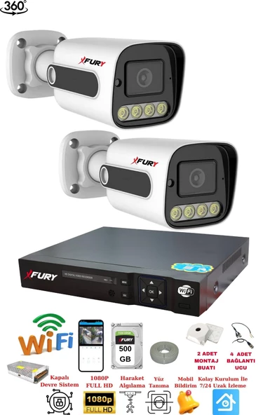 FURY 2 Kameralı Su Geçirmez 1080P 4 x Ultra Ledli Gece Renkli Güvenlik Kamera Seti 5500 500GB - Resim 2