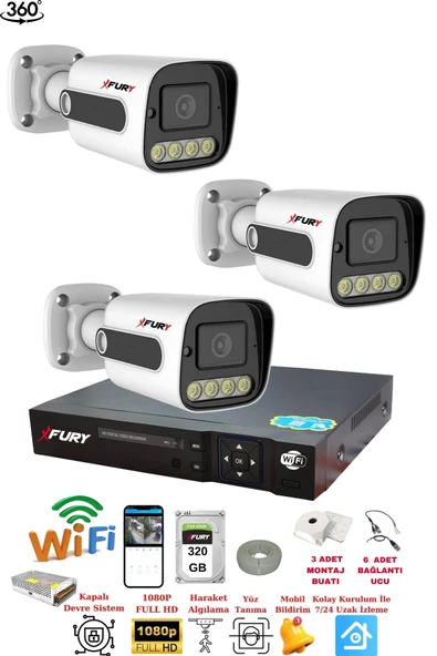 FURY 3 Kameralı Su Geçirmez 1080P 4 x Ultra Ledli Gece Renkli Güvenlik Kamera Seti 5500 320GB - Resim 2