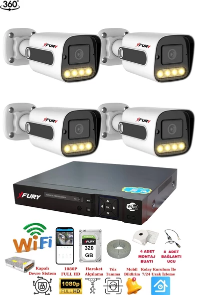 FURY 4 Kameralı Su Geçirmez 1080P 4 x Ultra Ledli Gece Renkli Güvenlik Kamera Seti 5500 320GB