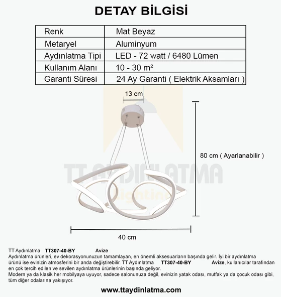 TT Aydınlatma TT307-40-BY  Helezon Modeli Mat Beyaz Led Avize - Resim 4