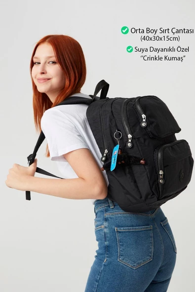 Dark Black Krinkıl Nemobags Unisex Suya Dayanıklı Siyah Klinkır Sırt Çantası Laptop Okul Çantası