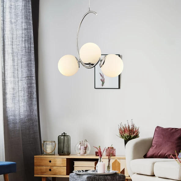Apliqa Ladre 3Lü Beyaz Camlı Krom Modern Sarkıt, MutfakYatak odası Salon Avize