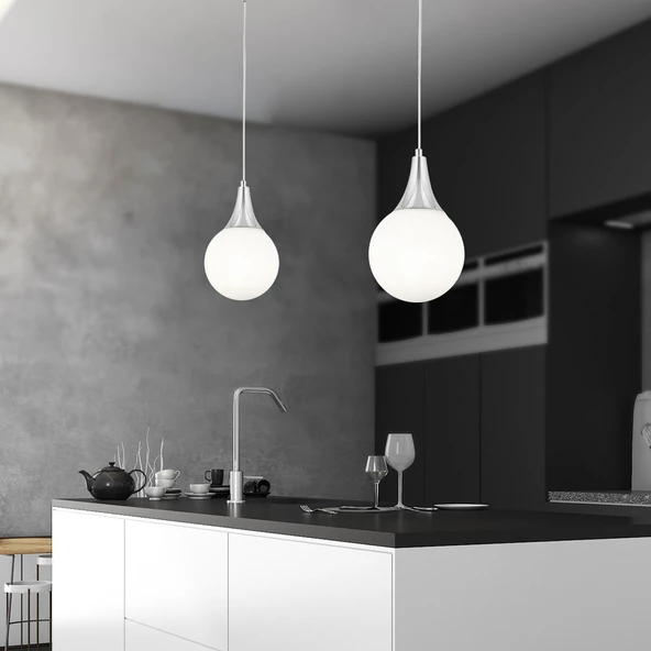 Apliqa Damla Tekli Krom Beyaz Camlı 2Li Modern Sarkıt Mutfak Salon Avize  Seti